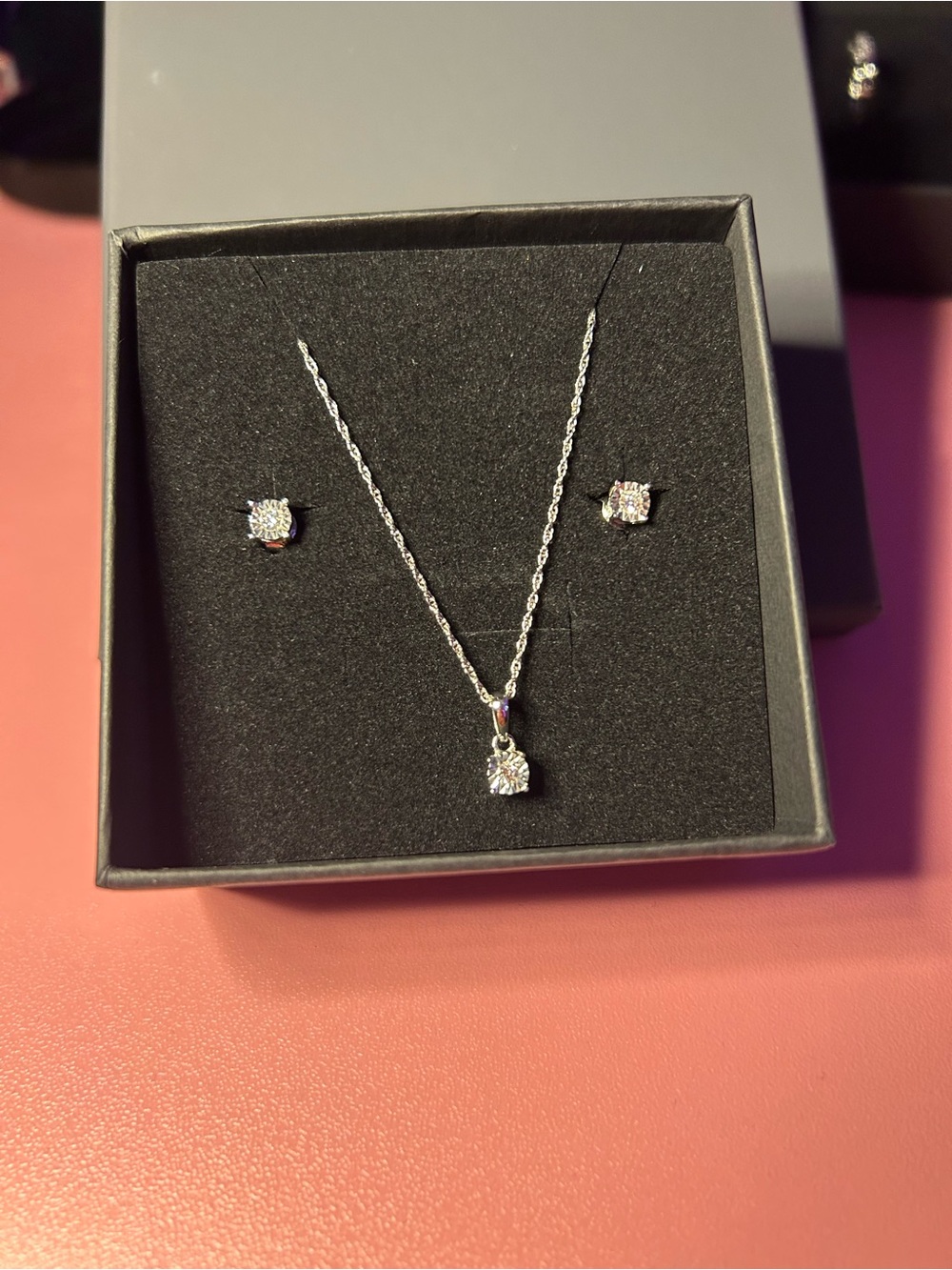 Sterling Silver diamond Pendant Necklace and Stud Earrings Set